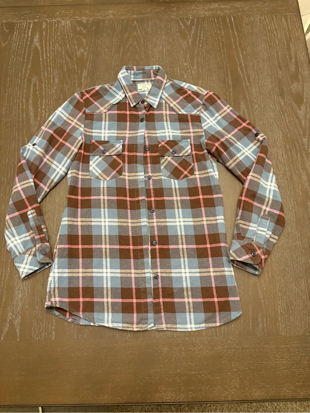 Matchstick women’s Plaid Button-Down flannel Shirt in Maroon, Blue & Pink S
